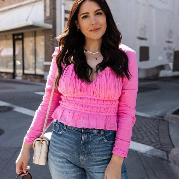 Free People Chloe Cropped Top Solid Ruffle Puffed Sleeves Smocked L New 272714 - Picture 3 of 12